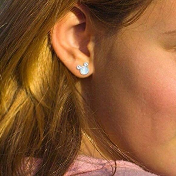.925 Sterling Silver and White Fire Opal Mickey Mouse Post Back Stud Earrings - Picture 5 of 6